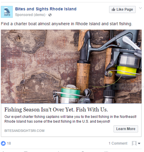 The charter fishing industry website, www.bitesandsightsri.com, has about 9,000 visitors a month. Shown is a sample of a digital ad that pushed people to the website.