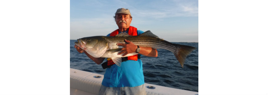 Angler Brian Albano practices catch and release when fishing with Capt. Joe Pagano. Shown with a 30-pound striped bass caught, tagged and released at Pt. Judith Light off Narragansett, RI.