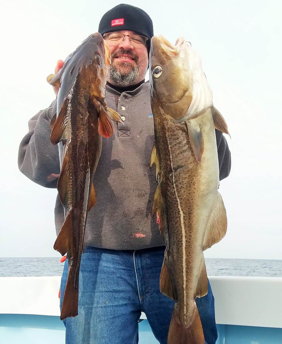 Jim Stevens of Warwick, RI with cod fish caught in the Block Island Wind Farm area last year.
