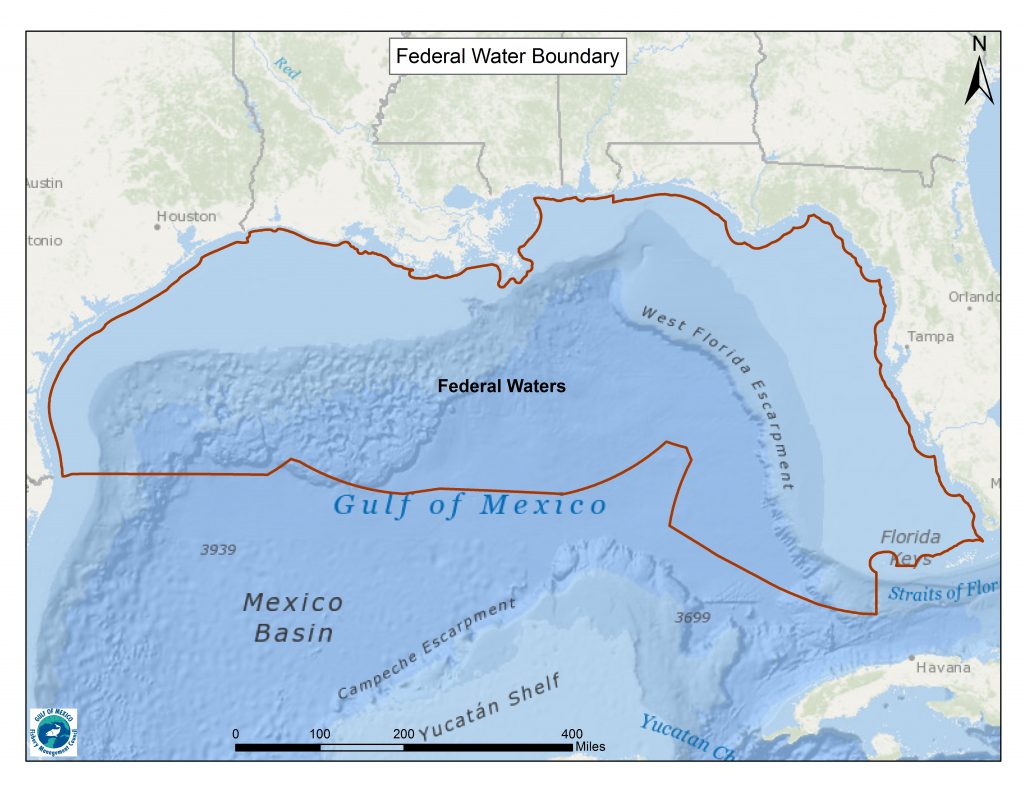 The Council’s jurisdiction (federal waters) extends from three to 200 miles off the coasts of Louisiana, Mississippi, and Alabama, and nine to 200 miles off Texas and the west coast of Florida.