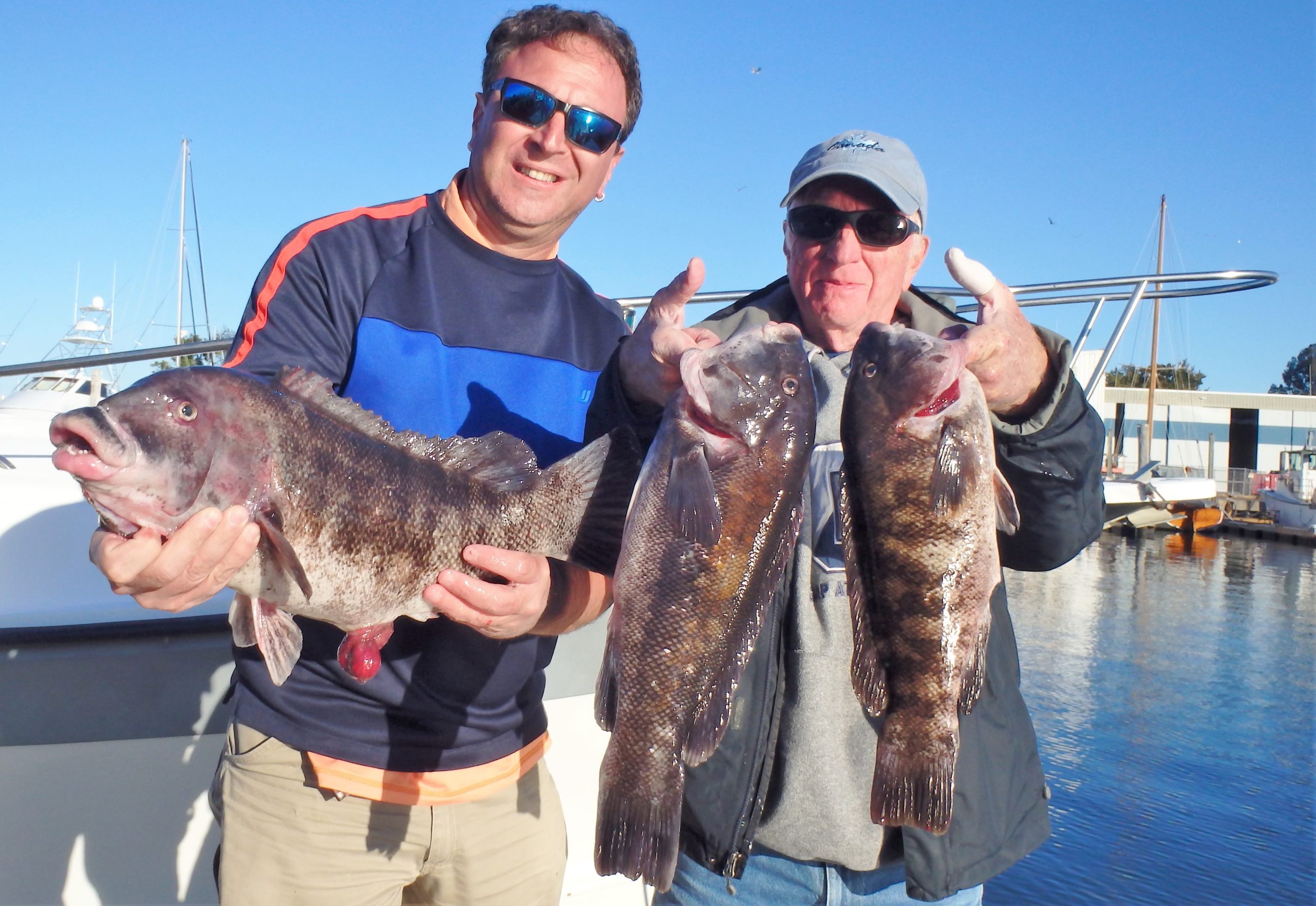 Steve Brustein of Rhode Island and Mike Weaver of New Hampshire with some of the tautog they caught off Newport in October.