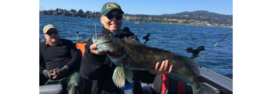 Super Steelheader’s volunteer, Stevie Parsons, with a southern Oregon Coast lingcod from October 1, 2015