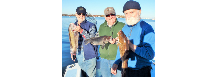 “Everyone who catches a fish is happy, and this brings me joy,” said Capt. Dave Monti. Here Walt Galloway (with tautog), David Hansen (black sea bass) and Gerald Pesch (cod) caught three species when fishing off Newport, R.I., thanks in part to the Magnuson-Stevens Act.