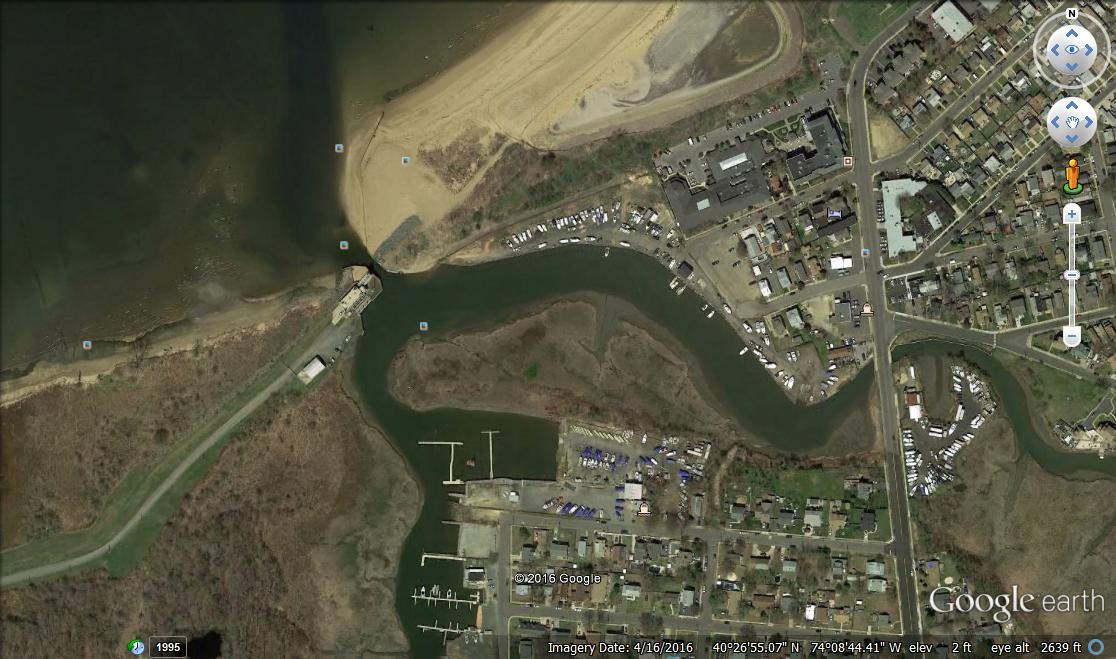 Satellite shot of marina in Keansburg, NJ (note the flood gate at the opening to the bay)