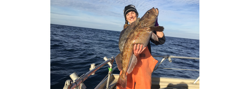 Tamara Mautner from Garibaldi Charters with a large lingcod taken from a deep reef out of Garibaldi on October 12, 2016